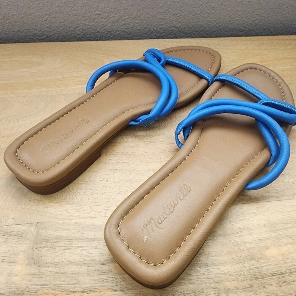 Madewell The Amel Slide Ornamental Blue Leather Sandals Womens Size 10